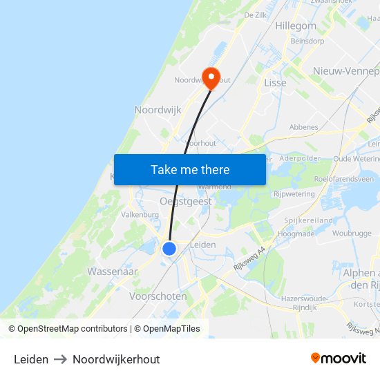 Leiden to Noordwijkerhout map