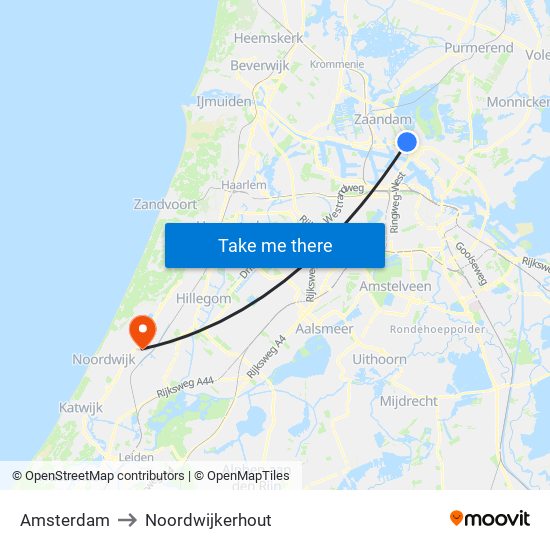 Amsterdam to Noordwijkerhout map