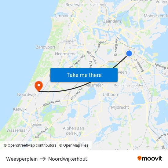 Weesperplein to Noordwijkerhout map