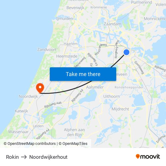 Rokin to Noordwijkerhout map