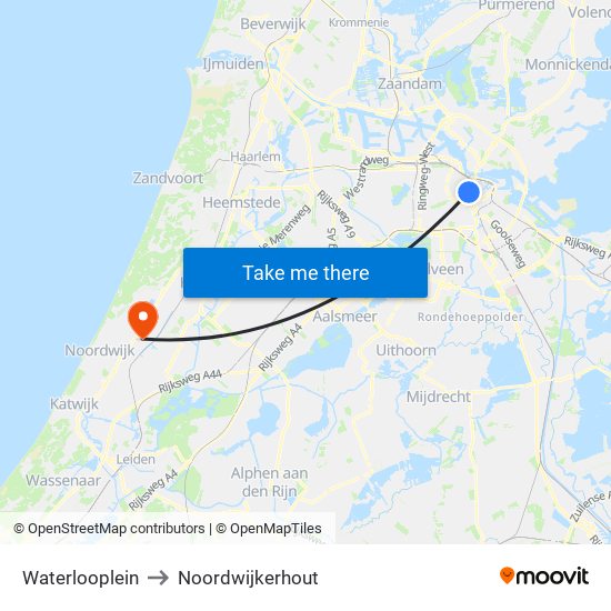 Waterlooplein to Noordwijkerhout map