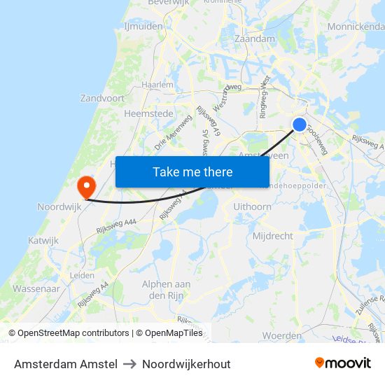 Amsterdam Amstel to Noordwijkerhout map