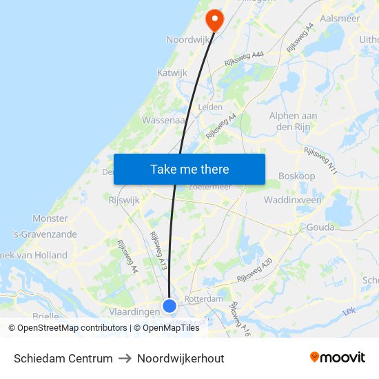 Schiedam Centrum to Noordwijkerhout map