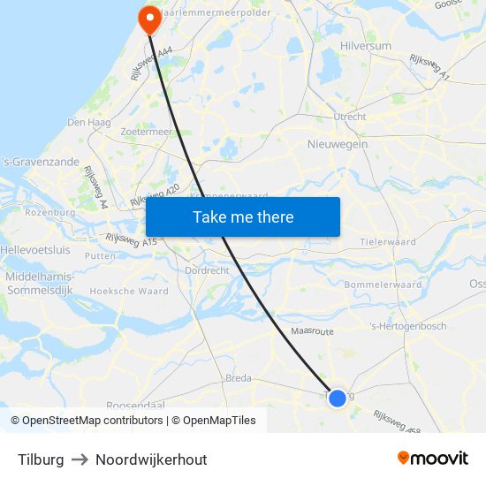 Tilburg to Noordwijkerhout map