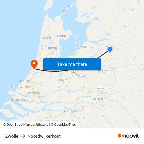 Zwolle to Noordwijkerhout map