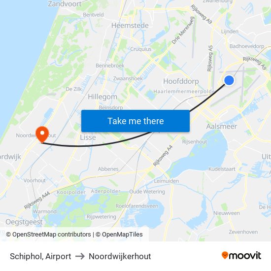 Schiphol, Airport to Noordwijkerhout map