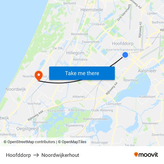 Hoofddorp to Noordwijkerhout map