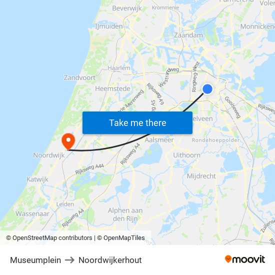 Museumplein to Noordwijkerhout map
