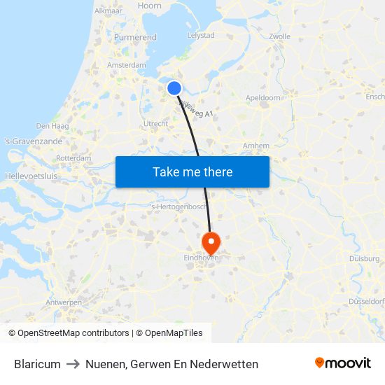 Blaricum to Nuenen, Gerwen En Nederwetten map