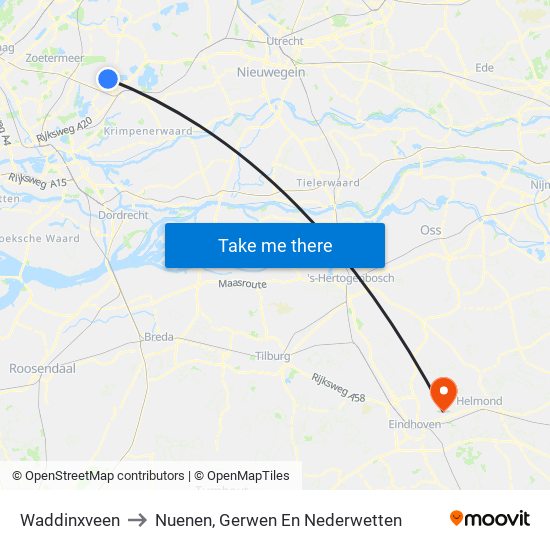 Waddinxveen to Nuenen, Gerwen En Nederwetten map