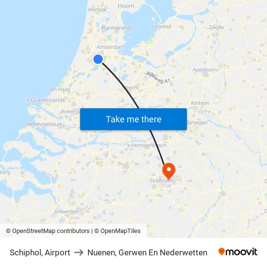 Schiphol, Airport to Nuenen, Gerwen En Nederwetten map