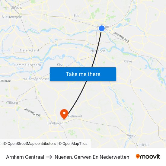 Arnhem Centraal to Nuenen, Gerwen En Nederwetten map