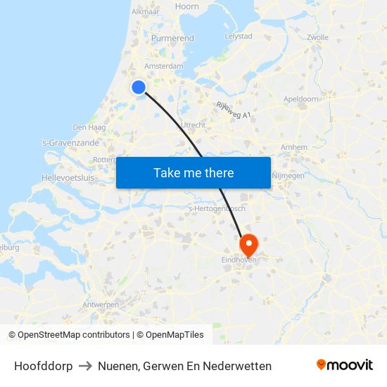 Hoofddorp to Nuenen, Gerwen En Nederwetten map