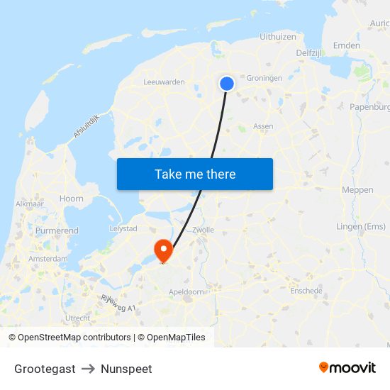 Grootegast to Nunspeet map