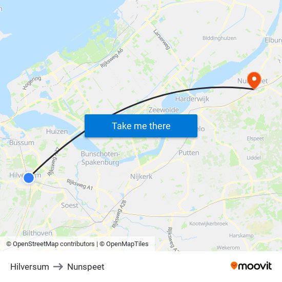 Hilversum to Nunspeet map