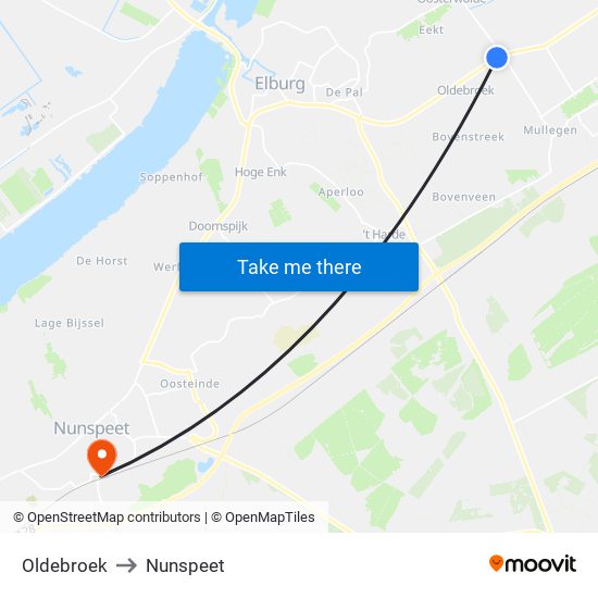 Oldebroek to Nunspeet map