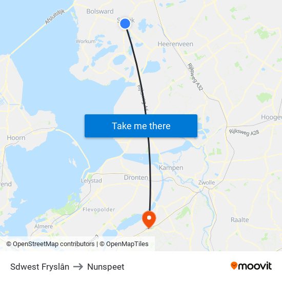 Sdwest Fryslân to Nunspeet map