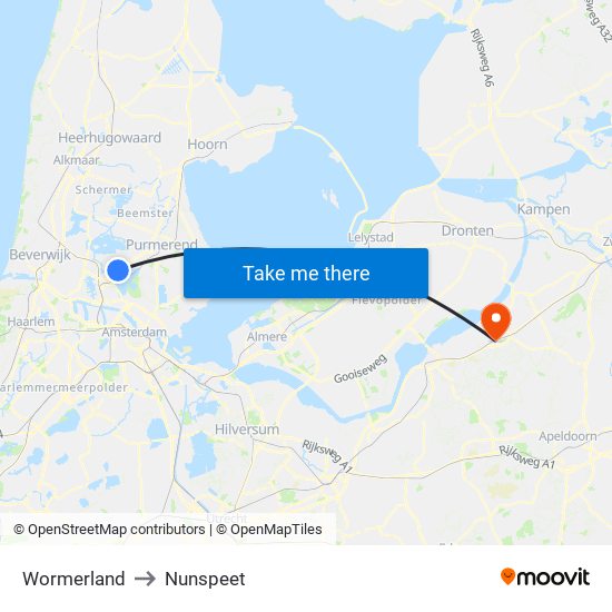 Wormerland to Nunspeet map