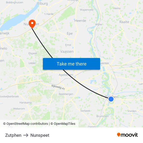 Zutphen to Nunspeet map