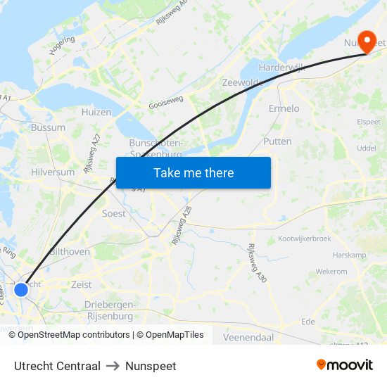 Utrecht Centraal to Nunspeet map