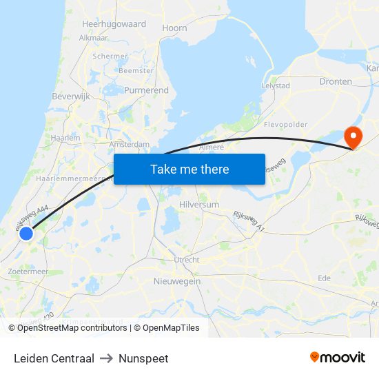 Leiden Centraal to Nunspeet map