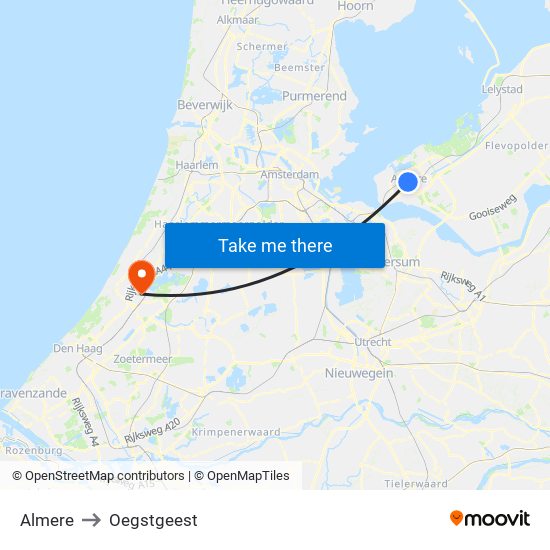 Almere to Oegstgeest map