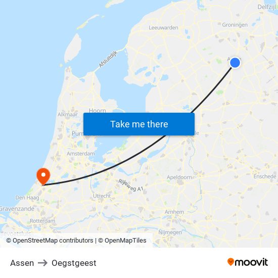 Assen to Oegstgeest map