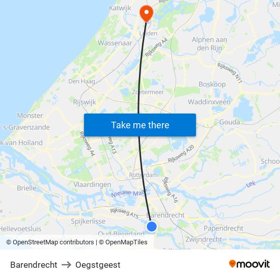 Barendrecht to Oegstgeest map