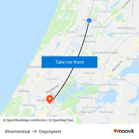 Bloemendaal to Oegstgeest map