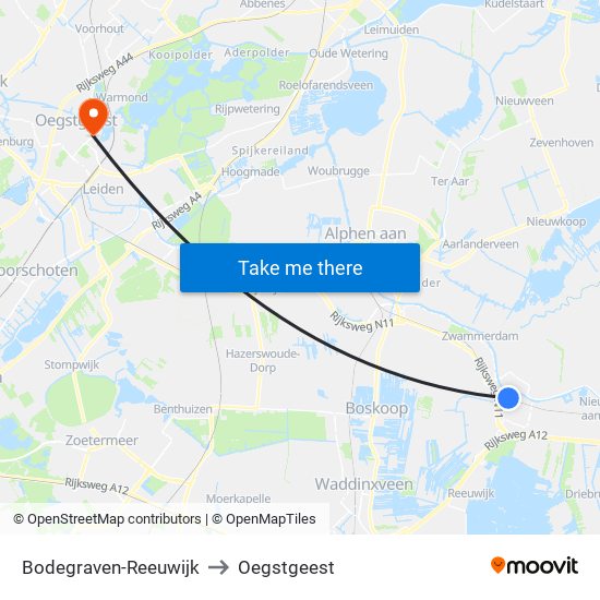 Bodegraven-Reeuwijk to Oegstgeest map