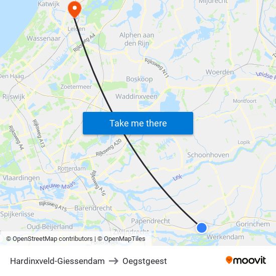 Hardinxveld-Giessendam to Oegstgeest map