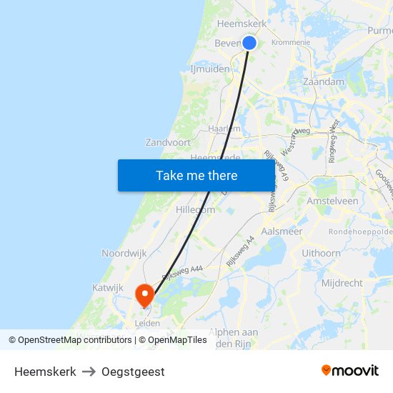 Heemskerk to Oegstgeest map