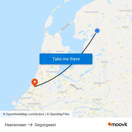 Heerenveen to Oegstgeest map