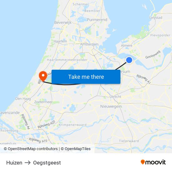 Huizen to Oegstgeest map