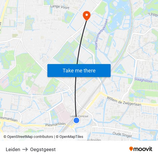 Leiden to Oegstgeest map