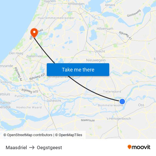 Maasdriel to Oegstgeest map