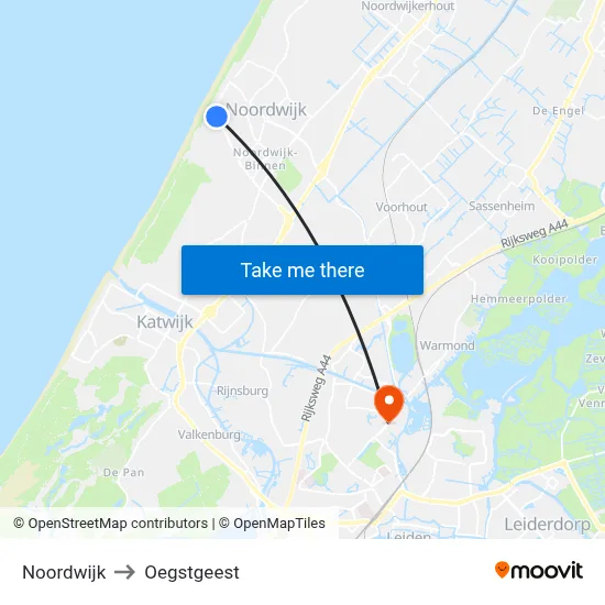 Noordwijk to Oegstgeest map