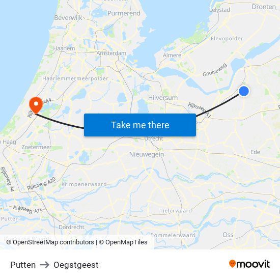 Putten to Oegstgeest map