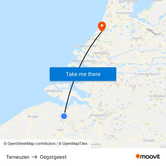 Terneuzen to Oegstgeest map