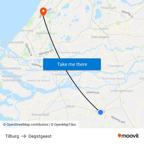 Tilburg to Oegstgeest map