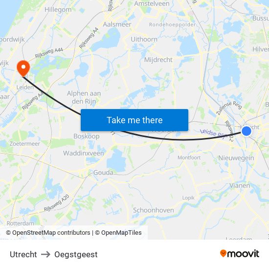 Utrecht to Oegstgeest map