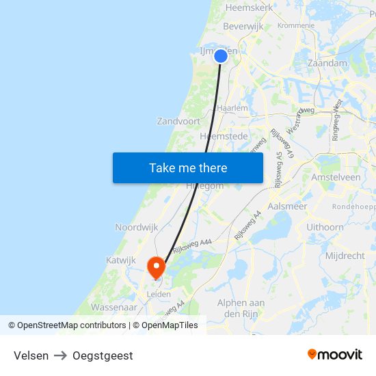 Velsen to Oegstgeest map