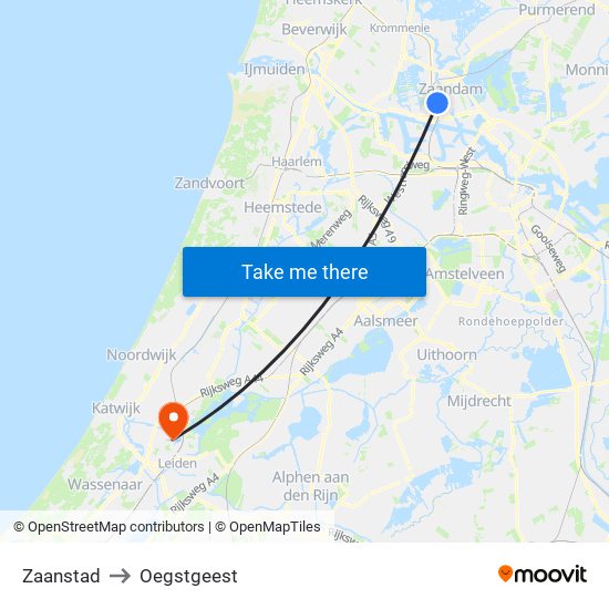 Zaanstad to Oegstgeest map