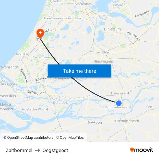 Zaltbommel to Oegstgeest map