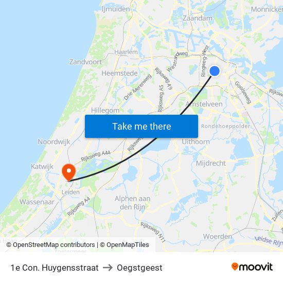 1e Con. Huygensstraat to Oegstgeest map