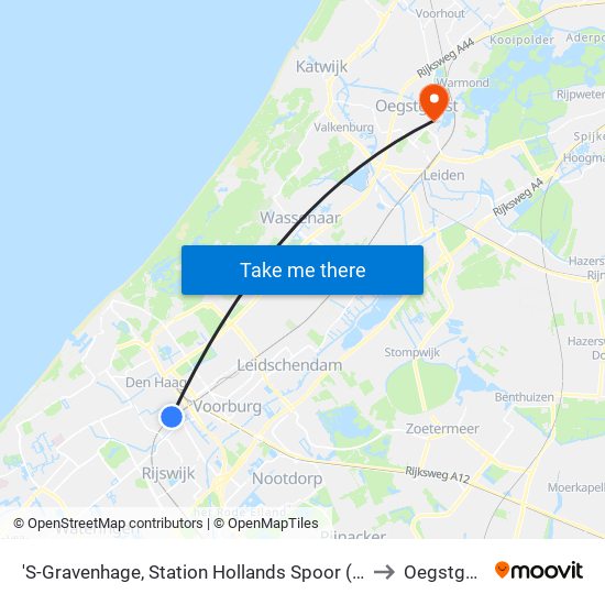 'S-Gravenhage, Station Hollands Spoor (Perron A) to Oegstgeest map