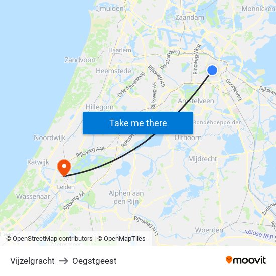 Vijzelgracht to Oegstgeest map