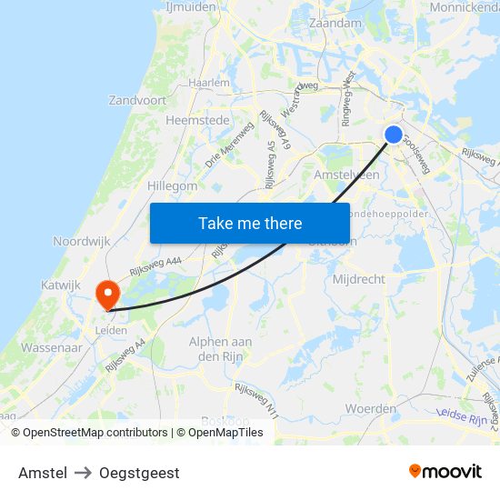 Amstel to Oegstgeest map