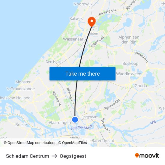 Schiedam Centrum to Oegstgeest map