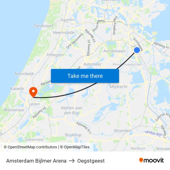 Amsterdam Bijlmer Arena to Oegstgeest map